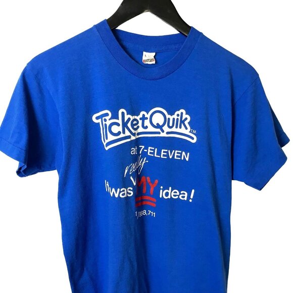 Vintage 80s 7-Eleven Ticket Quik T-Shirt M Blue Screen Stars Single Stitch - Picture 2 of 15